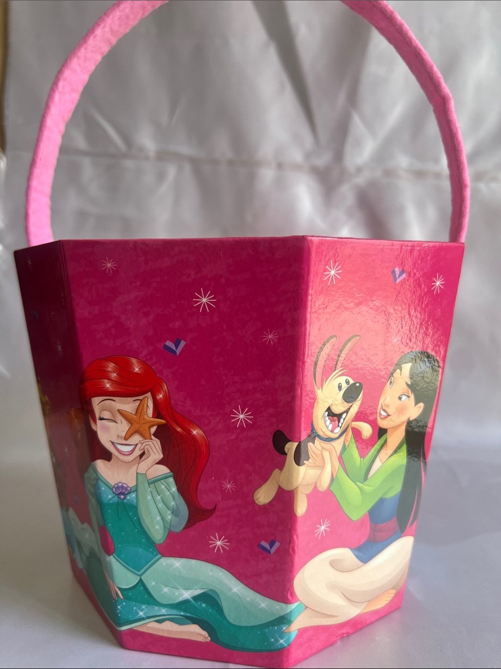Disney Pink Kids Basket with Princes Jasmine, Ariel, and Mulan
